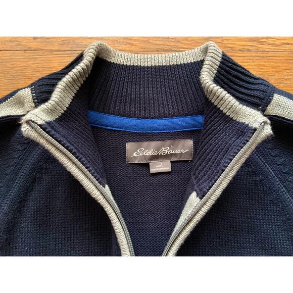 EDDIE BAUER Navy Blue/Gray 1/4 Zip Heavy Knit Sweater Mens sz L - Picture 1 of 9